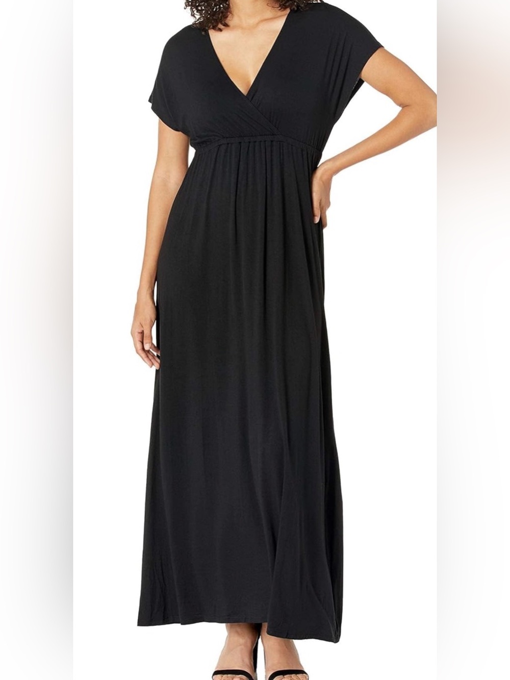 Amazon Essentials Women’s XL Black V-Neck Short Sleeve Empire Waist Maxi Dress